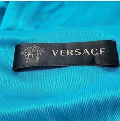 Versace Blue Silk Satin Draped Ruched Beaded Cowl Neck Dress Long small