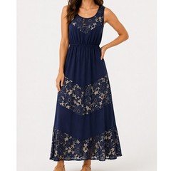 NY Collection Navy Blue Floral Lace Panel Sleeveless L Maxi Dress Elastic Waist