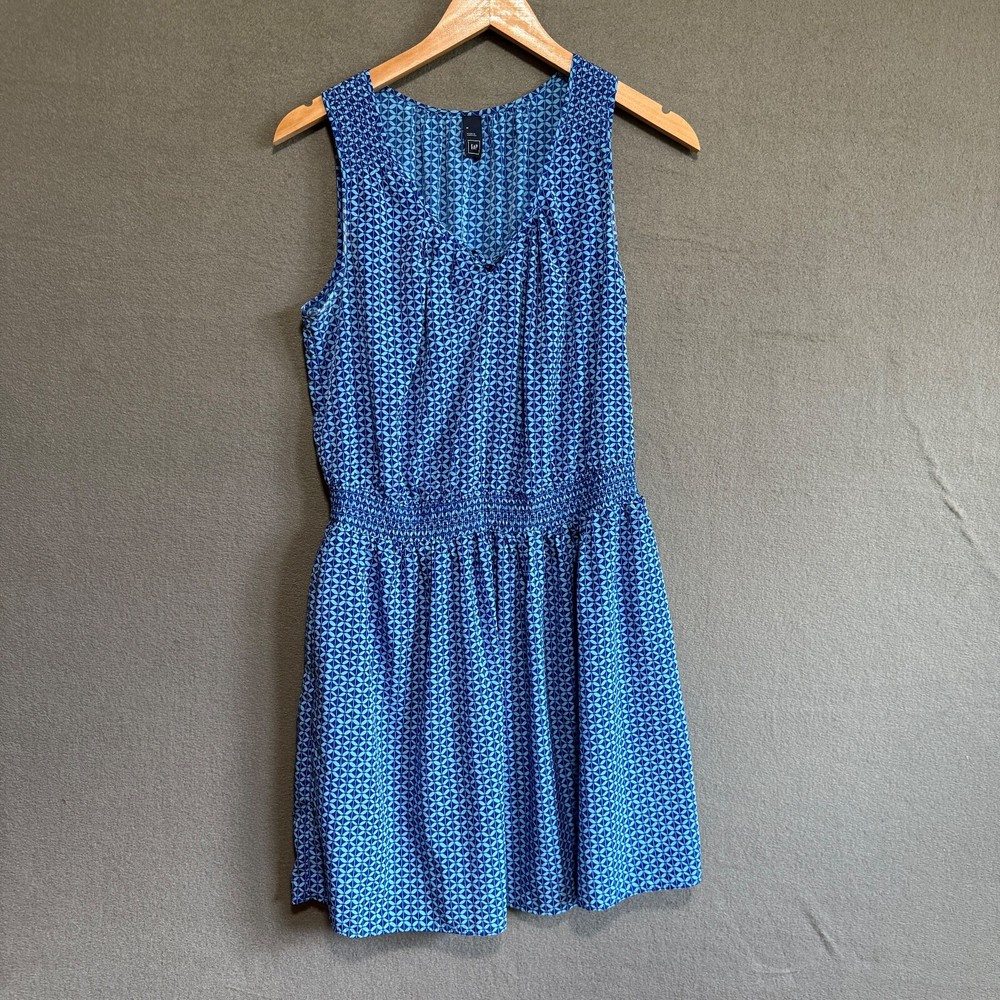 Gap Sleeveless Dress Size M Blue Geometric Print Blouson Tie Neck 100% Polyester