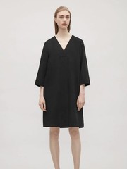 COS Crossover V Neck Dress Black Size 34 UK 8 10 Pleated Loose Fit Minimalist
