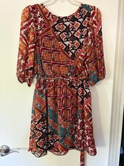 Boho Patchwork Mini Dress M Junior L Paisley Tie Waist Teal Rust Y2K Sweet Storm