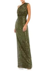 Ieena Mac Duggal Olive Green Sequin One-Shoulder Column Gown Size 6 $398
