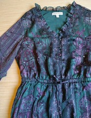 Frye Knee Length Dress Ruffle Buttons Lurex Green Purple Floral Size M Women&rsquo;s
