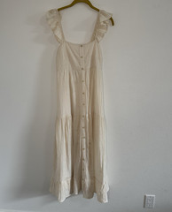 By the River Ivory Gauze Maxi Dress M Ruffle Strap Button Front Cottagecore Boho