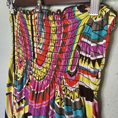 1.2.3 Vibrant Multicolor Smocked Midi Dress Attached Beaded Necklace S Small