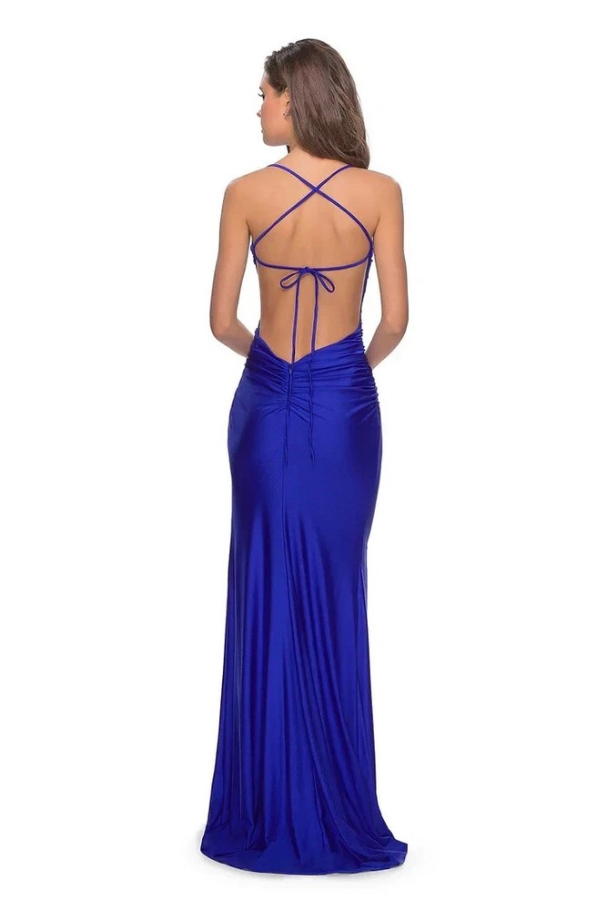 La Femme Royal Blue Tie-Up Back High Leg Slit Dress Size 10