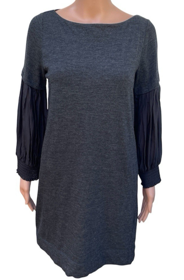 Theory Women&rsquo;s Gray Wool Sweater Dress w/Semi-Sheer Bishop Sleeves Size Large