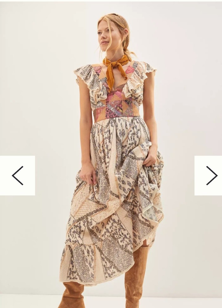 Anthropologie Patchwork Ruffle V-Neck Maxi Dress Beige Multicolor M. New