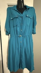 Michael Michael Kors Teal Collared Shirt Dress S Knee Pockets 3/4 Roll Tab