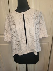 NWOT Perceptions Tan White Eyelet Jacket Tank Dress Set L Coastal Teacher Modest