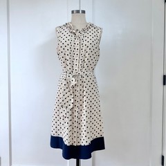 Tory Burch Graham Dress Silk Polka Dot Ruffle Belted Midi Cream Navy Size 4