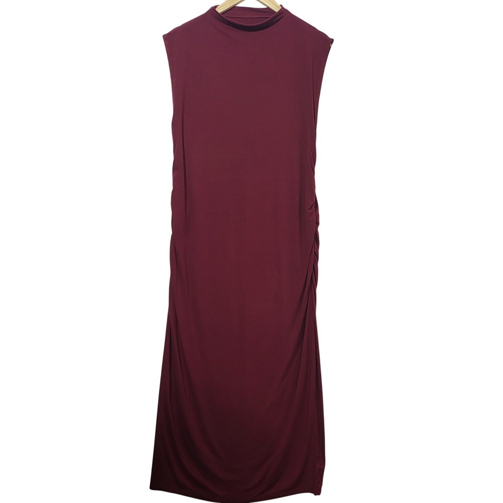 Burgundy Mock Neck Sleeveless Ruched Side Maxi Dress Wine Red RN 17730