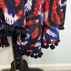 Maggy London Red Blue Geometric Pom Pom Trim Halter Sleeveless Midi Dress 8P