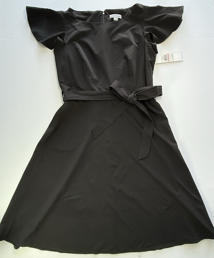 Calvin Klein Dress Womens 10 Black Fit & Flare Flutter Sleeve Belted Pockets NWT