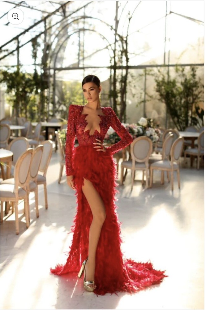 Beautiful Red Custom Sequin & Feather Gown