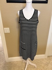 Ofeefan Black And White Striped Sleeveless Summer Dress, Medium, Stretch Pockets