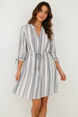 Blush XL Striped Tunic Dress White & Black | Waist Tie Casual Chic 3/4 Sleeve