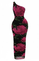 Women’s One Shoulder Ruched Floral Maxi Bodycon Dress Large Pink Black Y2K Party