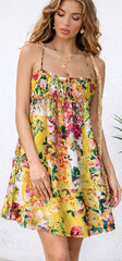 Women’s Chiffon Floral Ruffle Strappy A-Line Short Dress, Yellow Multi,
