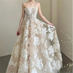 Lace Wedding Dresses Strapless A Line Long Ivory Bride Dress Sweet Bridal Gowns