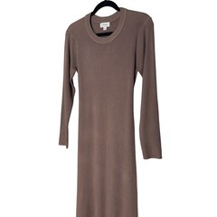 Evereve Brown Ribbed Knit Tie Back Dress Long Sleeve Crew Neck Women&rsquo;s Sz Large
