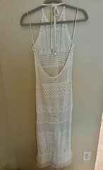 Milly Cabana White Crochet Halter Backless Maxi Dress with Fringe – sz L
