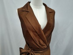 Jones Studio Shirt Dress Wrap Faux Silk Brown Belted Sleeveless 60&rsquo;s Style 14W