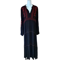 Roper Elegant Black and Red Embroidered Gauze Bohemian Maxi Dress Womens Small