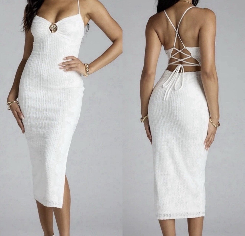 Windsor Ivory Lace Up Knit Ribbed Seashell Split Bodycon Midi Dress Size XS