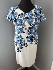 Talbots cream blue black floral v neck cap sleeve sheath dress size 16