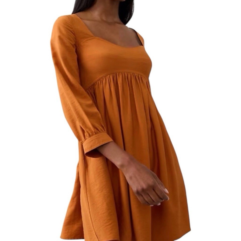 Banana Republic Burnt Orange Solid Square Neck Smocked Babydoll Mini Dress XL