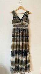 YASB Size S Tie Dye Beaded Empire Waist Maxi Dress Sleeveless Chiffon Gray Brown
