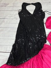 A.J. Bari Sequined Halter Neck Bow Dress Sz 4 Black Pink Open Back Mermaid Bow
