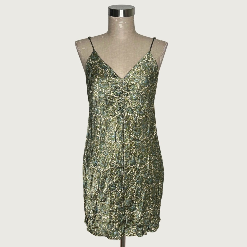 Zara Green Satin Paisley Mini Slip Dress Ruched Adjustable Straps Size Small