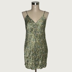 Zara Green Satin Paisley Mini Slip Dress Ruched Adjustable Straps Size Small