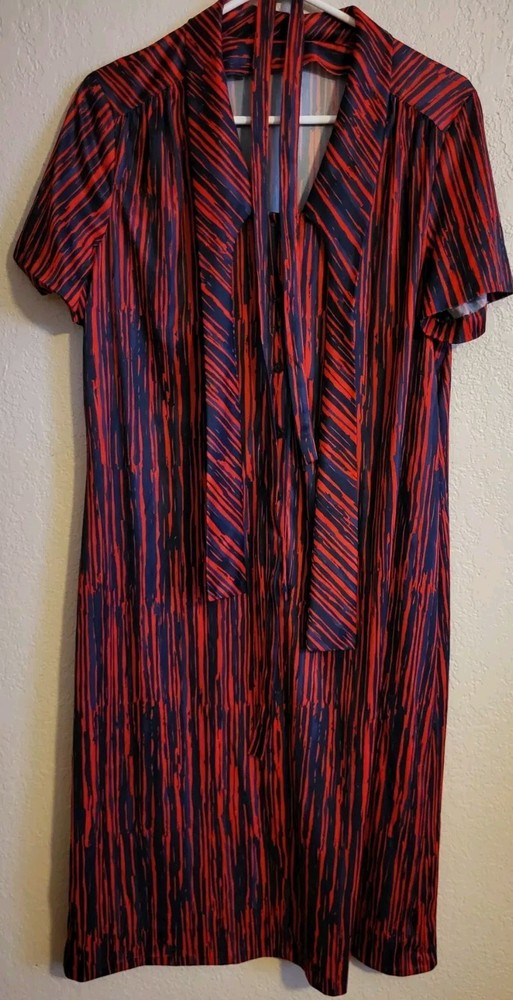 Vintage Polyester 50s 60s Dress Bow Tie Red Blue Go Go Belted Midi Length Preown