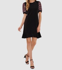 CeCe Women&rsquo;s Black Mixed-Media Round Neck Puff Sleeve Dress Size XL