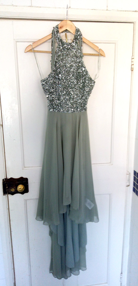 Beauut Maxi Dress Cocktail Party Prom Size UK 10 Embellished Sequin Floaty Grey