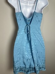 Ghanda Coastal Blue Satin Mini Slip Dress Tie Back Geometric Jacquard Size M