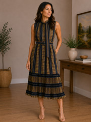 Gracia Pleated Midi Dress Small Striped Metallic Gold Navy Blue Mock Neck Belted