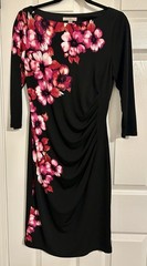 Roz & Ali Womens Black Pink Floral Ruched Sheath Dress 3/4 Sleeve Size 6