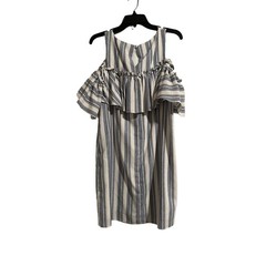 Gianni Bini Women&rsquo;s Medium Blue White Striped Off Shoulder Ruffle Mini Dress