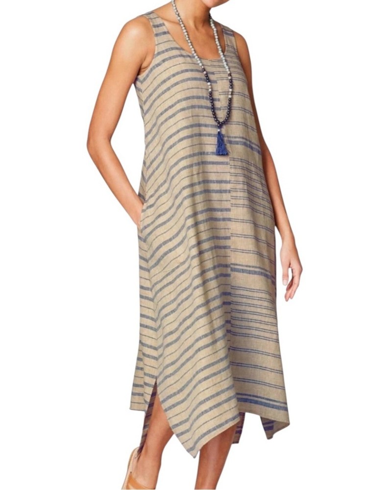 Pure Jill Linen Striped Flowy Sleeveless Neutral Midi Dress