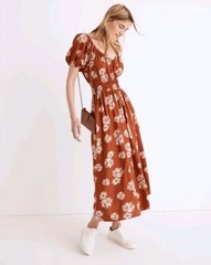 Madewell Sophia Linen Blend Floral Puff Sleeve Midi Dress Rusty Torch Orange NWT