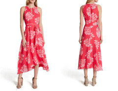 TAHARI ASL Hot Pink Peony Floral Chiffon Airy Belted Keyhole Midi Maxi Dress 6 S