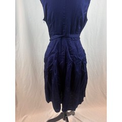 Navy Blue Sleeveless Wrap Dress Notched Lapel Pleated Skirt with Belt Pockets