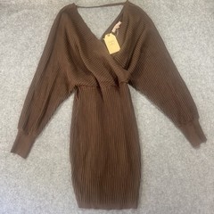 Love Tree Surplice Ribbed Knit Sweater Dress Medium Brown Dolman Sleeve NWT