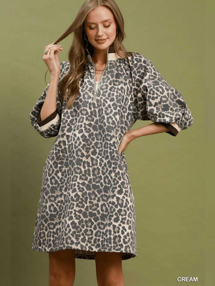 Umgee Leopard Print Puff-Sleeve Puff Sleeve Shift Dress – Cream & Charcoal – Med