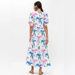 Oliphant Cotton Button Cuff Sleeve Maxi Dress Macaw Blue Pink M Vacation Summer