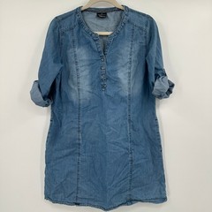 Jean Pascal Denim Tunic Dress Roll Tab Sleeves V Neck Button Front